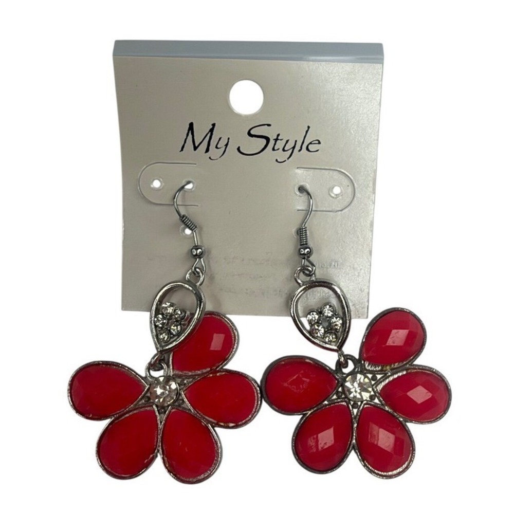 My Style Red Floral Drop Earrings Silver Tone Rhinestone Accents Flower Dangle